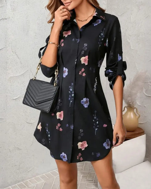 Butterfly Print Turn-down Collar Long Sleeve Casual Shirred Shirt Dress black