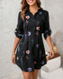 Butterfly Print Turn-down Collar Long Sleeve Casual Shirred Shirt Dress black