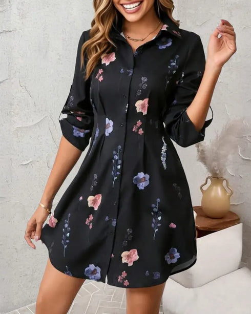 Floral Print Turn-down Collar Long Sleeve Casual Pressed Pleats Shirt Dress black