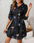 Abstract Print Turn-down Collar Turn-Up Sleeves Shirred Back Dress Casual Button Down Cinched Waist Curved Hem Shirt Dress black