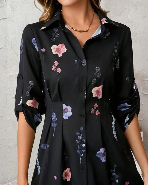 Butterfly Print Turn-down Collar Long Sleeve Casual Shirred Shirt Dress black
