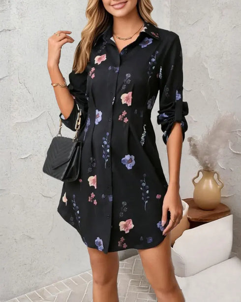 Abstract Print Turn-down Collar Turn-Up Sleeves Shirred Back Dress Casual Button Down Cinched Waist Curved Hem Shirt Dress black