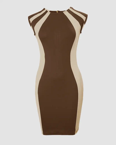 Pearls Decor Thick Strap Backless Slit Back Tank Dress Zipper Back Bodycon Dress With Belt brown