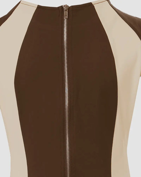 Pearls Decor Thick Strap Backless Slit Back Tank Dress Zipper Back Bodycon Dress With Belt brown