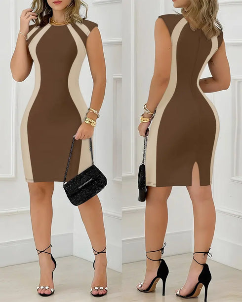 Pearls Decor Thick Strap Backless Slit Back Tank Dress Zipper Back Bodycon Dress With Belt brown