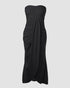 Sleeveless Ruched Cinched Waist Draped Bandeau Dress Eyelet Embroidery Slit Asymmetrical Hem Vacation Dress black
