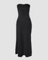 Sleeveless Ruched Cinched Waist Draped Bandeau Dress Eyelet Embroidery Slit Asymmetrical Hem Vacation Dress black