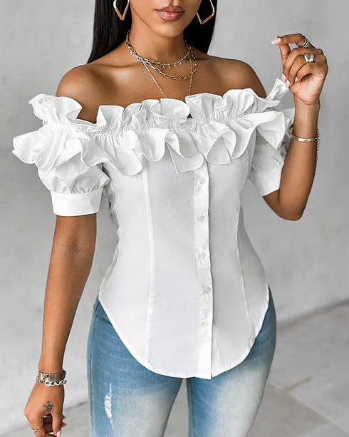 Off the Shoulder Short Sleeve Blouses Asymmetrical Button Ruffles Blouses white