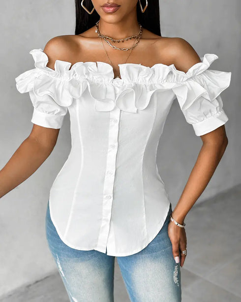 Off the Shoulder Short Sleeve Blouses Asymmetrical Button Ruffles Blouses white