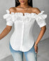 Off the Shoulder Short Sleeve Blouses Asymmetrical Button Ruffles Blouses white