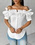 Off the Shoulder Short Sleeve Blouses Asymmetrical Button Ruffles Blouses white