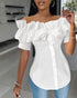 Off the Shoulder Short Sleeve Blouses Asymmetrical Button Ruffles Blouses white