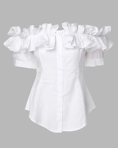 Off the Shoulder Short Sleeve Blouses Asymmetrical Button Ruffles Blouses white