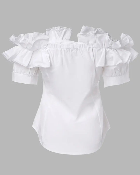 Off the Shoulder Short Sleeve Blouses Asymmetrical Button Ruffles Blouses white