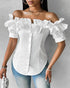 Off the Shoulder Short Sleeve Blouses Asymmetrical Button Ruffles Blouses white