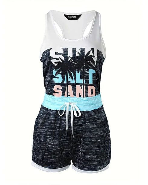 Good Night Plaid Heart Print Drawstring Tank Pajamas Set green