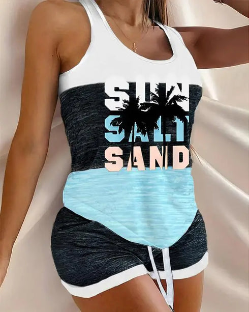 Good Night Plaid Heart Print Drawstring Tank Pajamas Set green