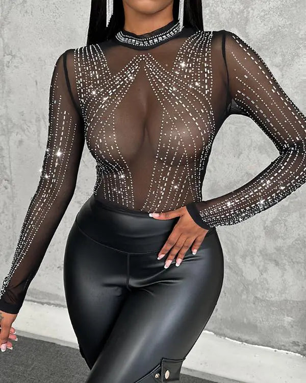 Rhinestone Sheer Mesh Skinny Round Neck Long Sleeve Elegant Bodysuit black