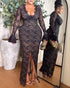 Elegant Lace Plunge V Neckline Long Sleeve Dress Casual Slim Fit Slit Evening Maxi Dress black