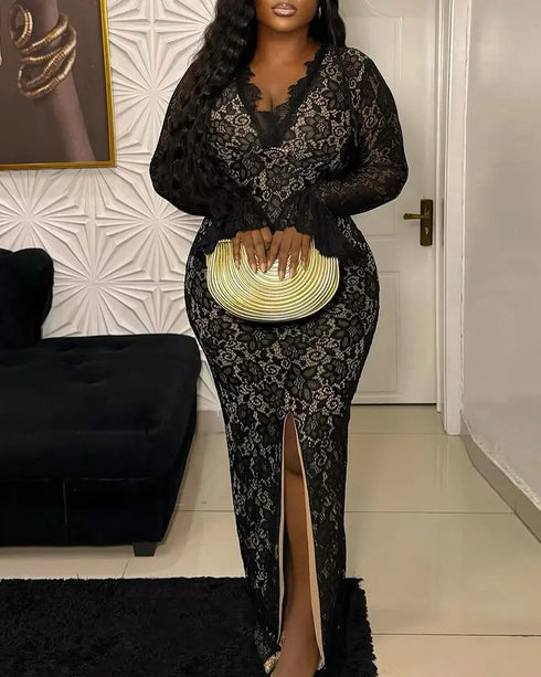 Elegant Lace Plunge V Neckline Long Sleeve Dress Casual Slim Fit Slit Evening Maxi Dress black