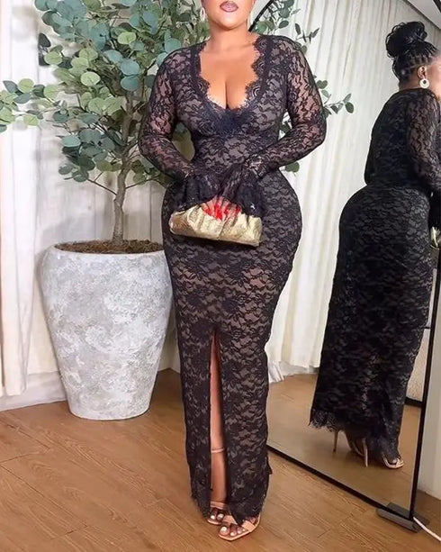 Elegant Lace Plunge V Neckline Long Sleeve Dress Casual Slim Fit Slit Evening Maxi Dress black