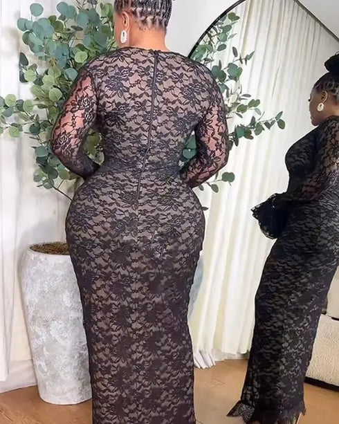 Elegant Lace Plunge V Neckline Long Sleeve Dress Casual Slim Fit Slit Evening Maxi Dress black