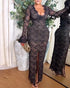 Elegant Lace Plunge V Neckline Long Sleeve Dress Casual Slim Fit Slit Evening Maxi Dress black