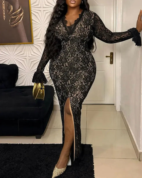 Elegant Lace Plunge V Neckline Long Sleeve Dress Casual Slim Fit Slit Evening Maxi Dress black