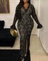 Elegant Lace Plunge V Neckline Long Sleeve Dress Casual Slim Fit Slit Evening Maxi Dress black