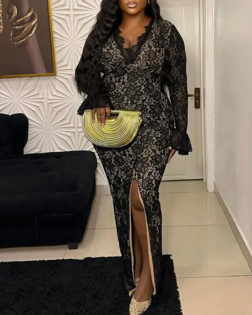 Elegant Lace Plunge V Neckline Long Sleeve Dress Casual Slim Fit Slit Evening Maxi Dress black
