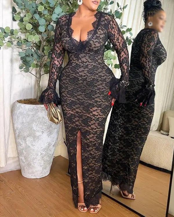 Elegant Lace Plunge V Neckline Long Sleeve Dress Casual Slim Fit Slit Evening Maxi Dress black