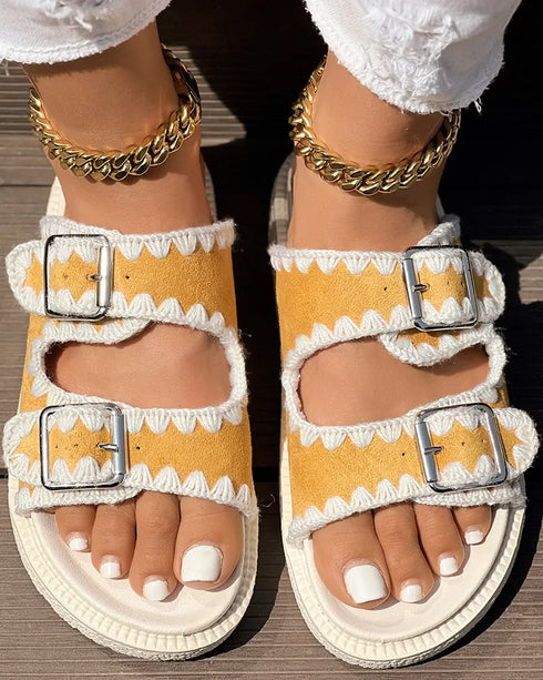 Round Toe Flat Slippers with Denim Trim yellow