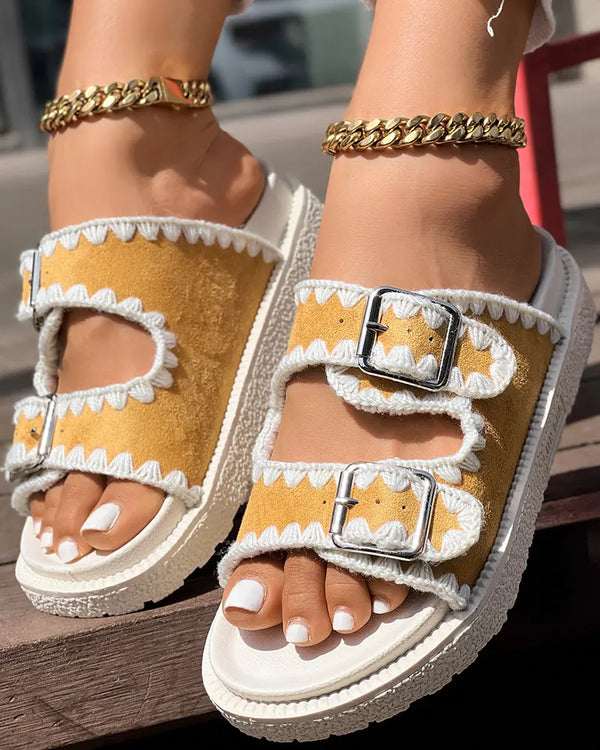 Round Toe Flat Slippers with Denim Trim yellow