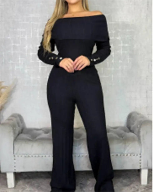 2 Pieces Outfit Button Decor Foldover Off Shoulder Slim Fit Top and Elastic Waist Wide Leg Pants Set Casual Ribbed Set black