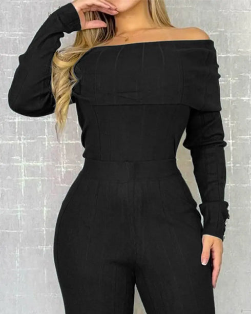 2 Pieces Outfit Button Decor Foldover Off Shoulder Slim Fit Top and Elastic Waist Wide Leg Pants Set Casual Ribbed Set black