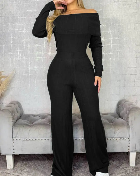 2 Pieces Outfit Button Decor Foldover Off Shoulder Slim Fit Top and Elastic Waist Wide Leg Pants Set Casual Ribbed Set black