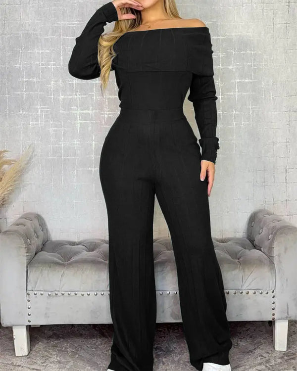 2 Pieces Outfit Button Decor Foldover Off Shoulder Slim Fit Top and Elastic Waist Wide Leg Pants Set Casual Ribbed Set black