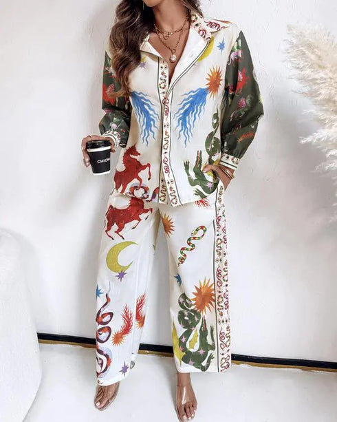 2 Pieces Outfit Boho Tribal Print Long Sleeve Blouse and Casual High Waist Wide Leg Pants Set beige