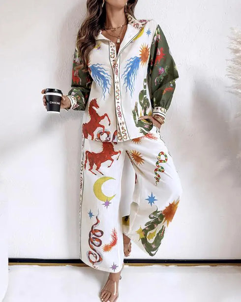 2 Pieces Outfit Boho Tribal Print Long Sleeve Blouse and Casual High Waist Wide Leg Pants Set beige