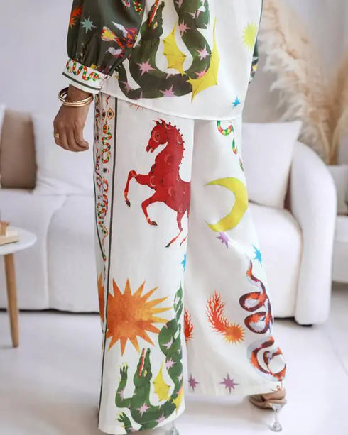 2 Pieces Outfit Boho Tribal Print Long Sleeve Blouse and Casual High Waist Wide Leg Pants Set beige