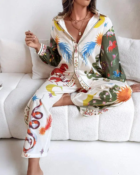 2 Pieces Outfit Boho Tribal Print Long Sleeve Blouse and Casual High Waist Wide Leg Pants Set beige