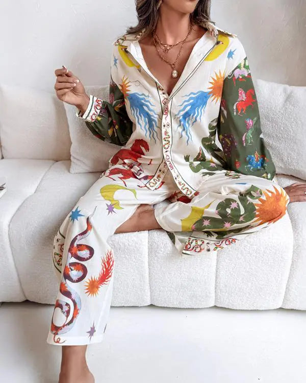 2 Pieces Outfit Boho Tribal Print Long Sleeve Blouse and Casual High Waist Wide Leg Pants Set beige