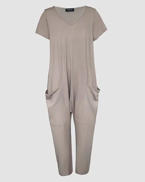 V-Neck High Stretch Tapered Drop-Crotch Casual Jumpsuit With Pockets Light Khaki