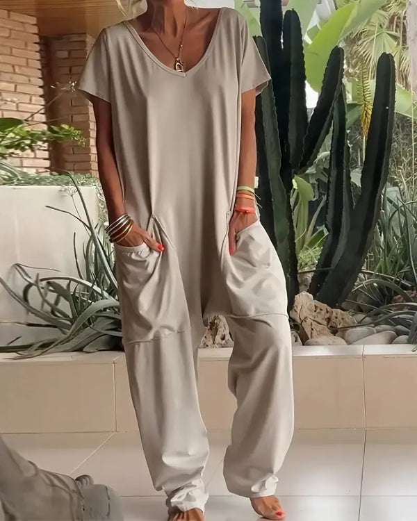 V-Neck High Stretch Tapered Drop-Crotch Casual Jumpsuit With Pockets Light Khaki