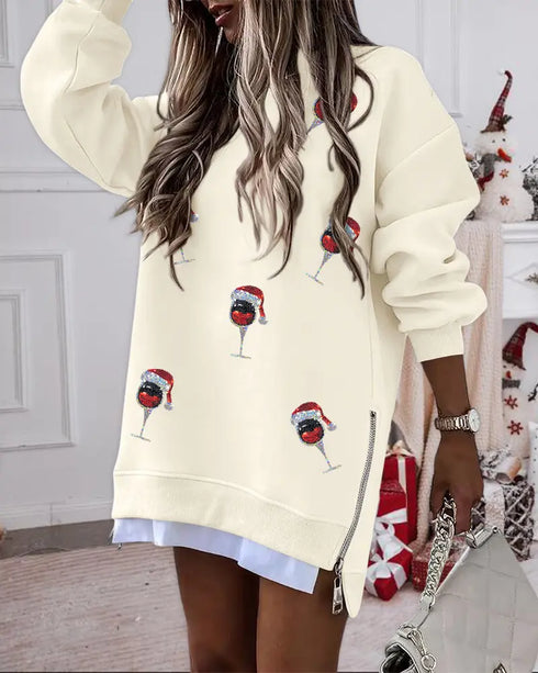 Sequin Christmas Glass Pattern Crew Neck Pullover Top Zipper Side Slit Faux Two-Piece Sweatshirt Apricot