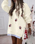 Christmas Santa Claus Pattern Sequin Patch Oversized Sweatshirt Zipper Side Slit Pullover Top Apricot
