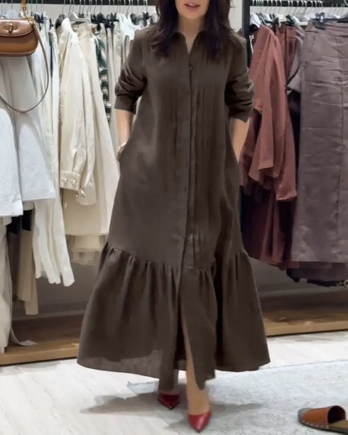 Turn-down Collar Pleated Design Button Down Slit Shirt Dress Casual Ruffle Hem Maxi Dress coffee