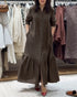 Turn-down Collar Pleated Design Button Down Slit Shirt Dress Casual Ruffle Hem Maxi Dress coffee
