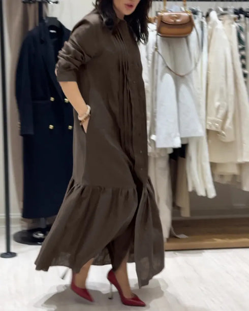 Turn-down Collar Pleated Design Button Down Slit Shirt Dress Casual Ruffle Hem Maxi Dress coffee