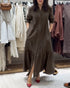 Turn-down Collar Pleated Design Button Down Slit Shirt Dress Casual Ruffle Hem Maxi Dress coffee